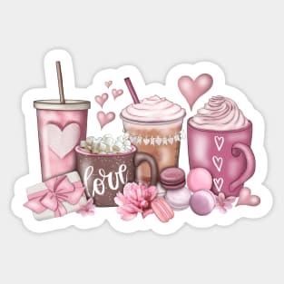 Coffee Valentine, Valentines Day, Hand Drawn, Valentine, Coffee Lover, Pink Coffee cups Sticker